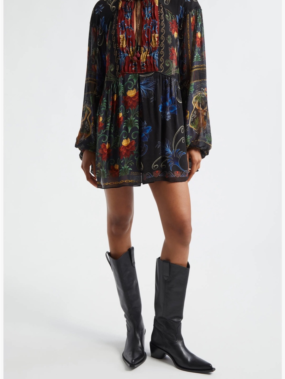 FARM Rio Black Floral-Print Long-Sleeve Mini Dress